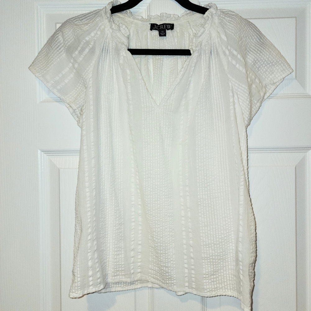J Crew Boho Chic White V-Neck Cotton Top | Short Sleeve | Size XS